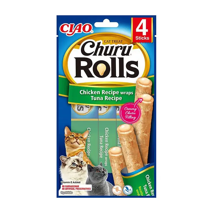 CIAO CHURU ROLLS TAVUK SARGILI VE TON BALIKLI KEDİ ÖDÜL MAMASI 4X10GR