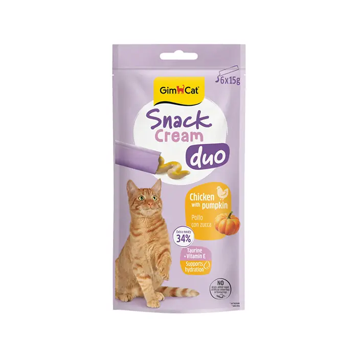 GİMCAT SNACK CREAM DUO TAVUKLU VE BALKABAKLI KEDİ ÖDÜLÜ 6X15 GR
