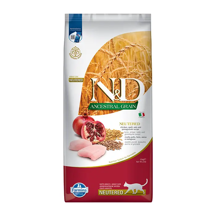 N&D DÜŞÜK TAHILLI TAVUKLU VE NARLI KISIRLAŞTIRILMIŞ KEDİ MAMASI 10KG