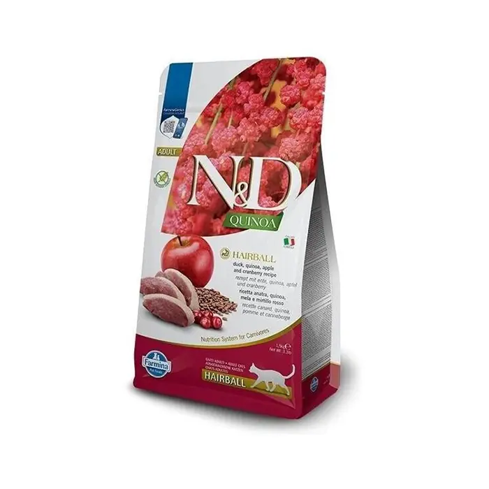 N&D QUİNOA HAİRBALL ÖRDEK ETLİ VE ELMALI YETİŞKİN KEDİ MAMASI 1,5KG