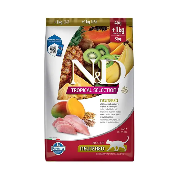 N&D TROPİCAL SELECTİON TAVUKLU VE TROPİKAL MEYVELİ KISIRLAŞTIRILMIŞ KEDİ MAMASI 4KG + 1KG HEDİYE