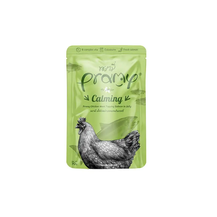 PRAMY CALMİNG JÖLE İÇİNDE TAVUK ETLİ VE SOMONLU KEDİ KONSERVESİ 70GR