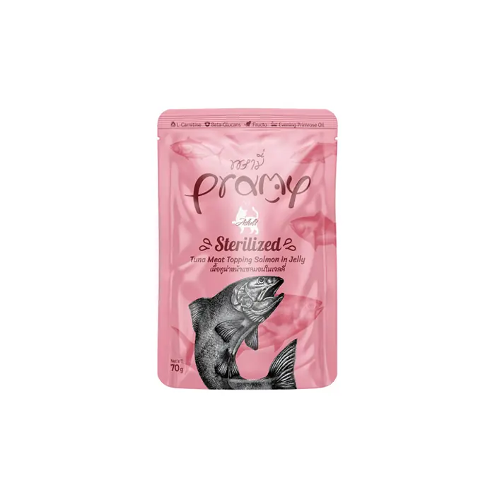 PRAMY JÖLE İÇİNDE SOMONLU VE TON BALIKLI KISIRLAŞTIRILMIŞ KEDİ KONSERVESİ 70GR