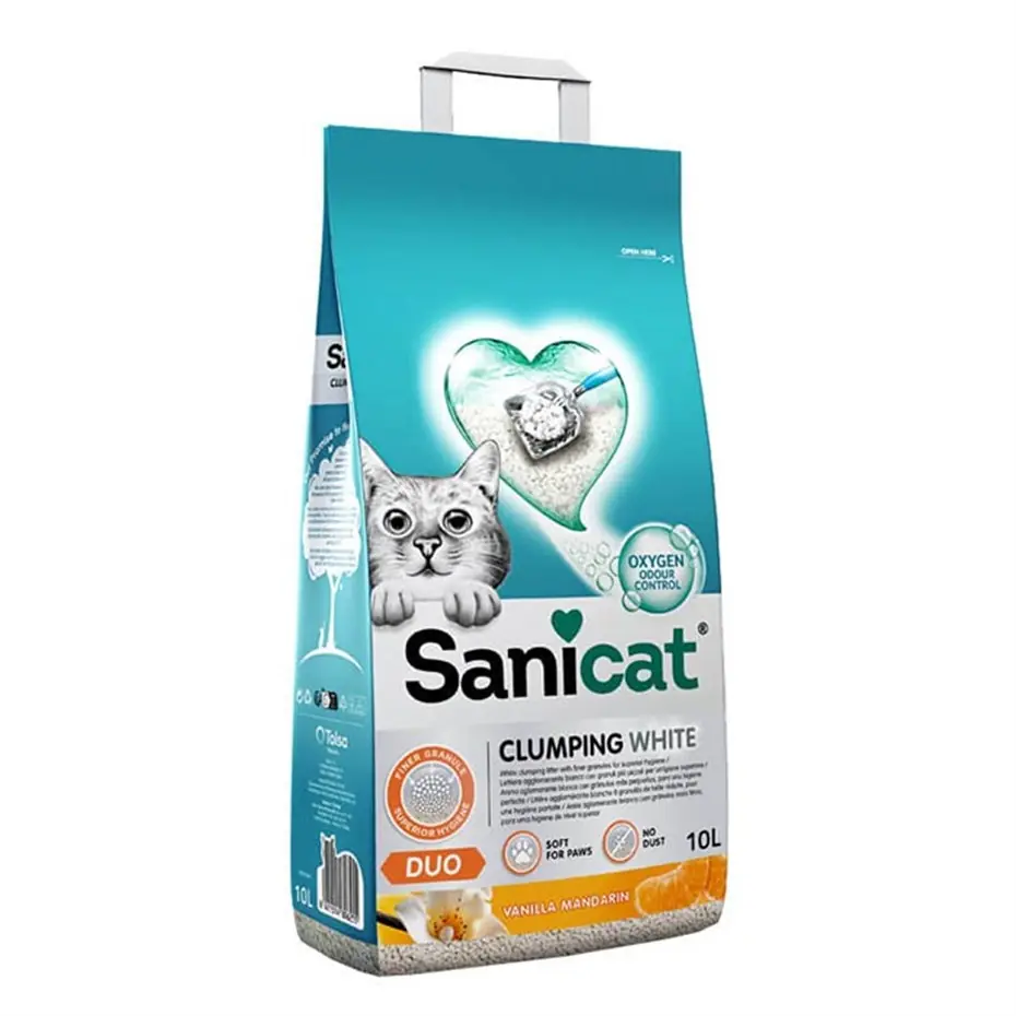 SANİCAT DUO WHİTE VANİLYA MANDALİN KOKULU TOPAKLANAN KEDİ KUMU 10 LİTRE