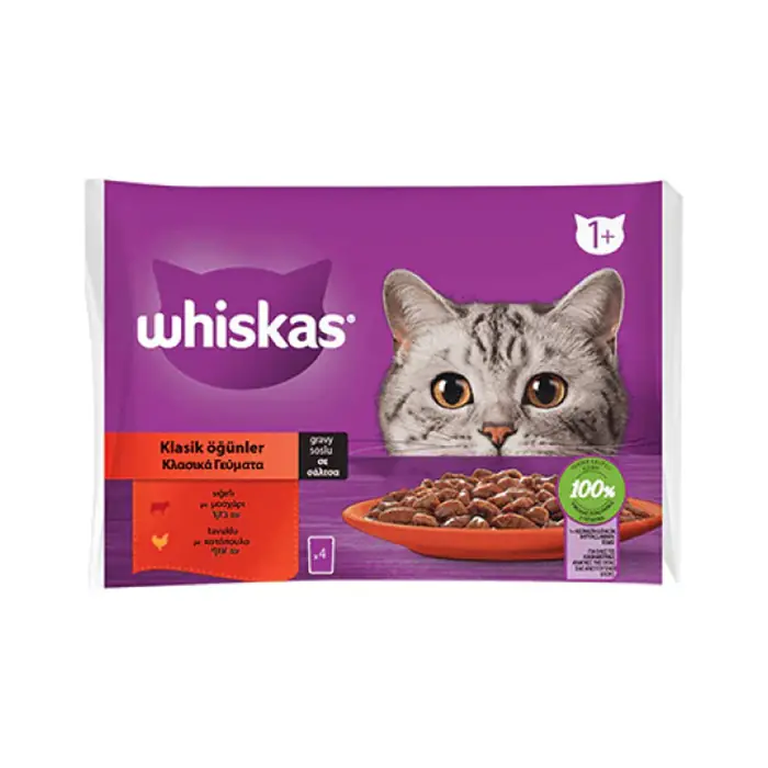 WHİSKAS POUCH SOS İÇİNDE SIĞIRLI VE TAVUKLU YETİŞKİN KEDİ KONSERVESİ 85GR (4'LÜ)