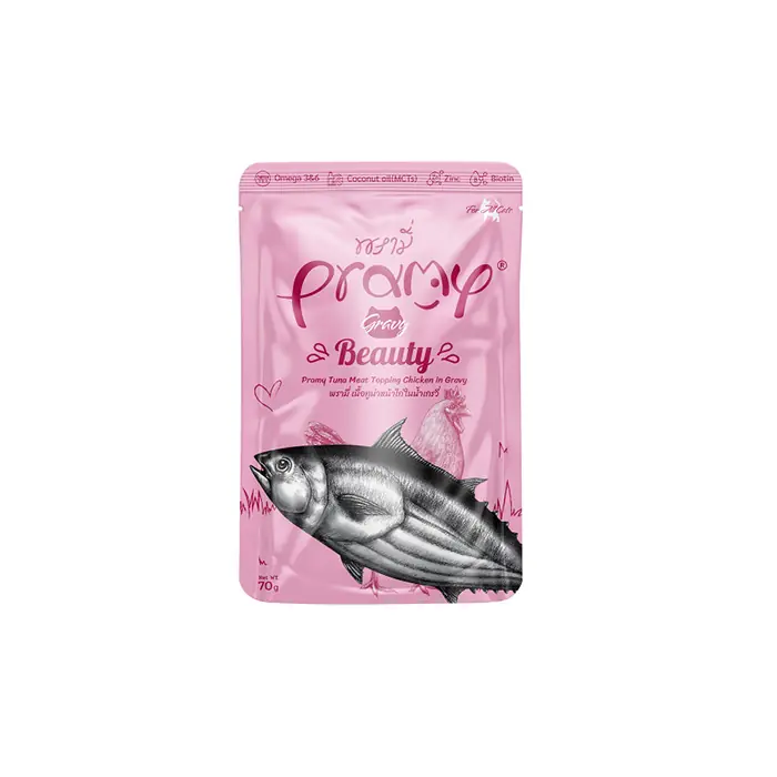 PRAMY BEAUTY SOS İÇİNDE TON BALIKLI VE TAVUK ETLİ KEDİ KONSERVESİ 70GR