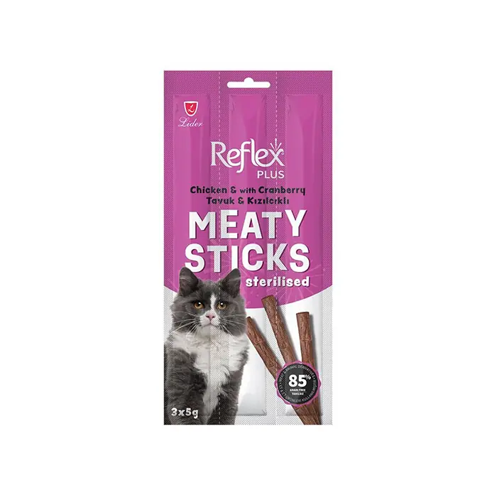 REFLEX PLUS TAVUKLU VE KIZILCIKLI ÇUBUK KISIRLAŞTIRILMIŞ KEDİ ÖDÜLÜ 3X5GR