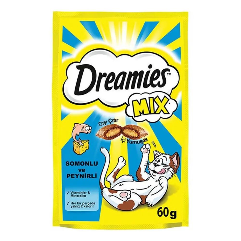 DREAMİES MİX İÇ DOLGULU SOMONLU VE PEYNİRLİ KEDİ ÖDÜL BİSKÜVİSİ 60GR