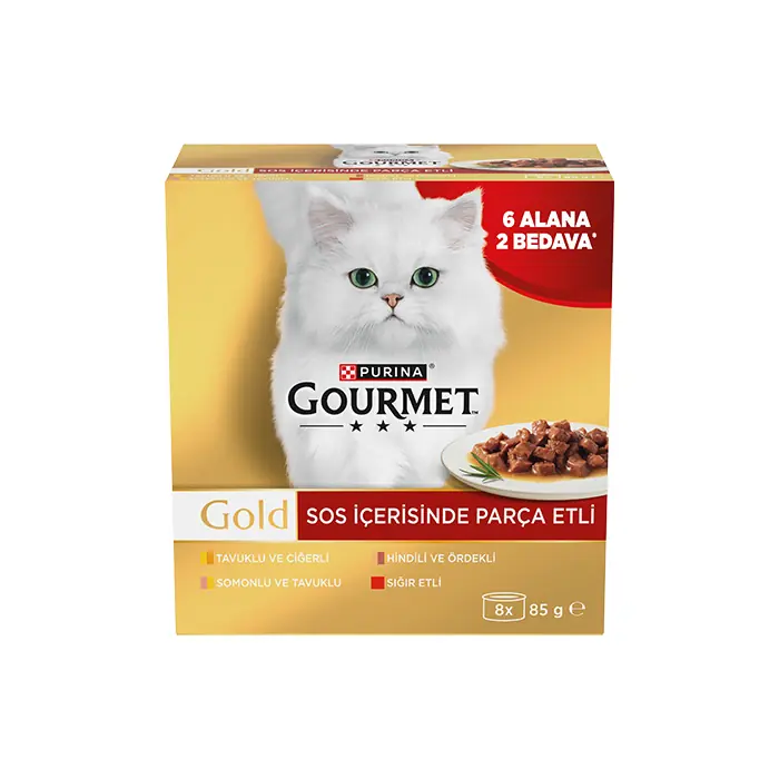 GOURMET GOLD BOX SOS İÇERİSİNDE PARÇA ETLİ KEDİ YAŞ MAMASI 85 GR 8 AL 6 ÖDE