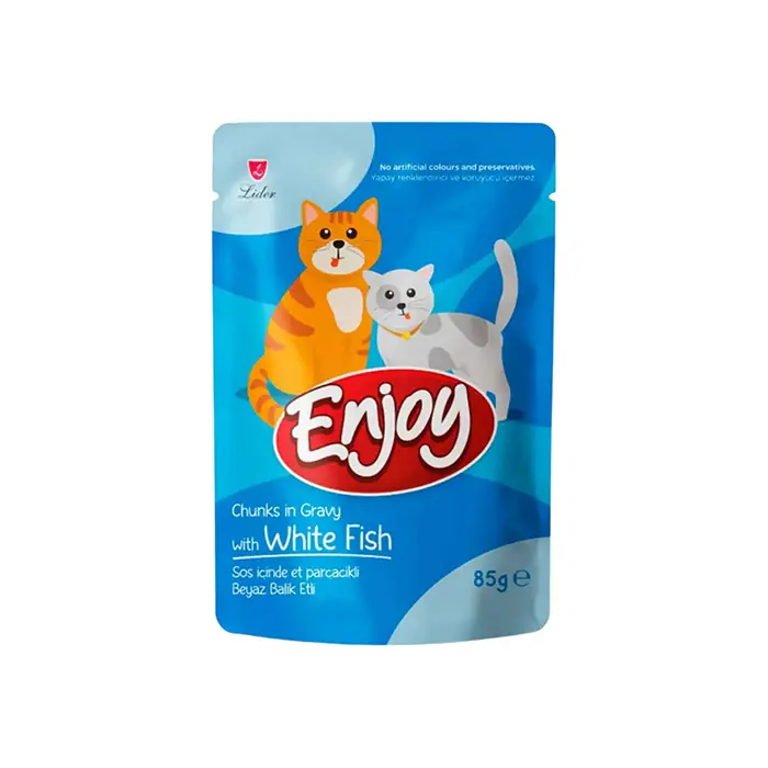 ENJOY POUCH SOS İÇİNDE ET PARÇACIKLI BEYAZ BALIKLI YETİŞKİN KEDİ MAMASI 85 GR