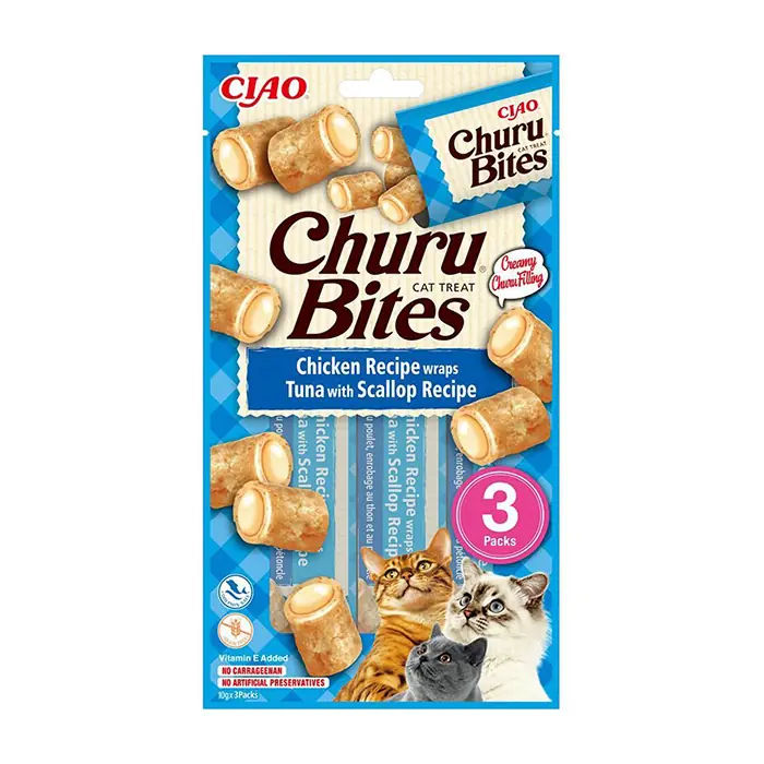 CIAO CHURU BİTES TAVUK SARGILI, DENİZ TARAKLI VE TON BALIKLI KEDİ ÖDÜL MAMASI 3X10GR