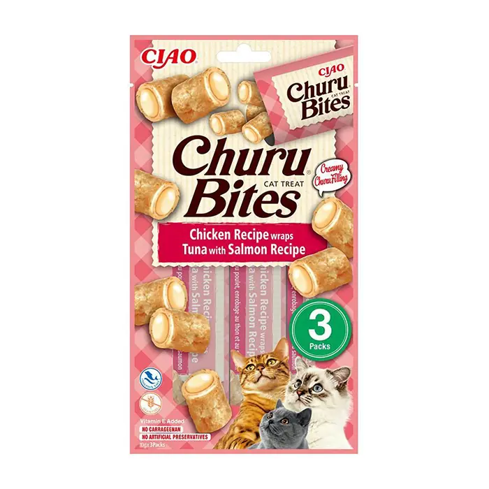 CIAO CHURU BİTES TAVUK SARGILI, TON BALIKLI VE SOMONLU KEDİ ÖDÜL MAMASI 3X10GR