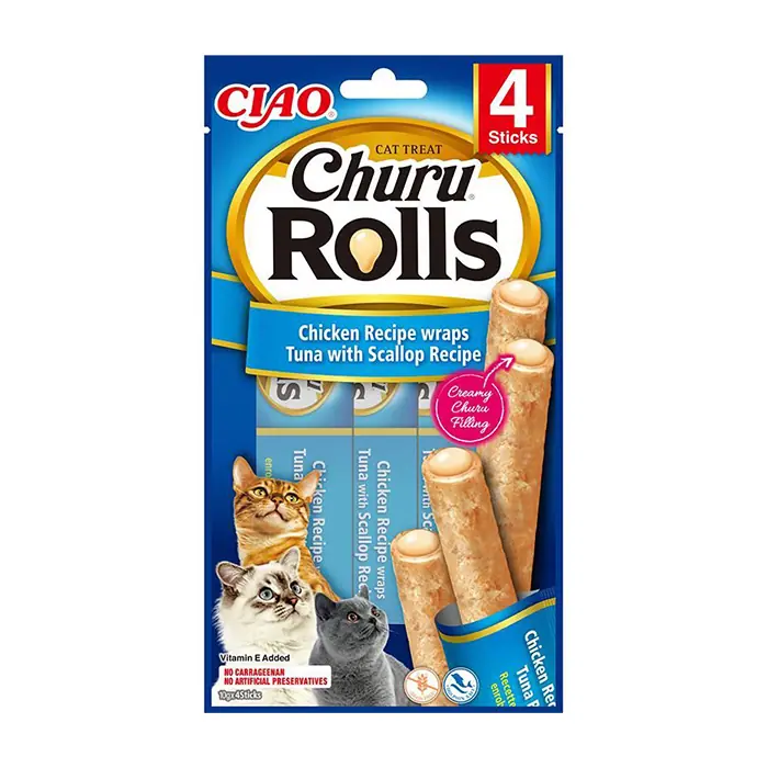 CIAO CHURU ROLLS DENİZ TARAKLI, TAVUK SARGILI VE TON BALIKLI KEDİ ÖDÜL MAMASI 4X10GR
