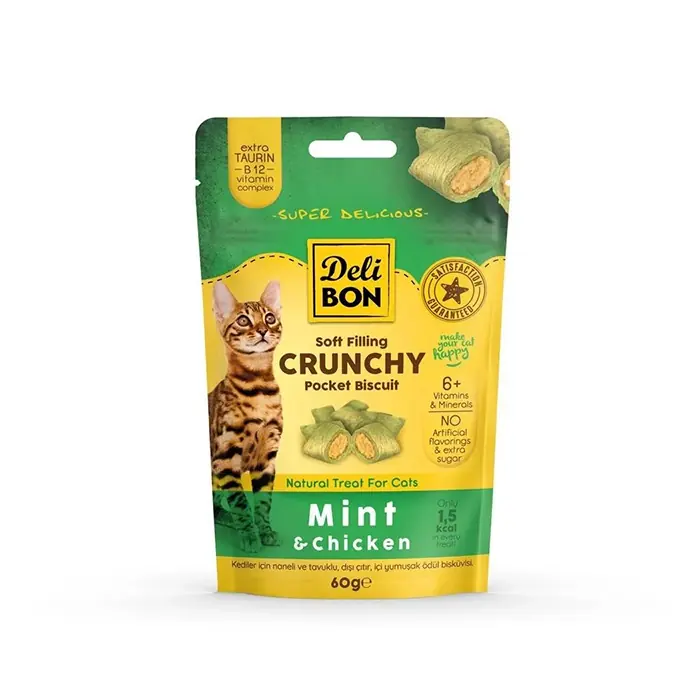 DELİBON CRUNCHY İÇİ DOLGULU TAVUKLU VE NANELİ KEDİ ÖDÜL BİSKÜVİSİ 60GR