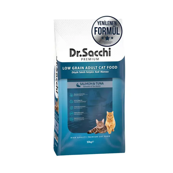 DR.SACCHİ DÜŞÜK TAHILLI SOMON VE TON BALIKLI YETİŞKİN KEDİ MAMASI 10KG