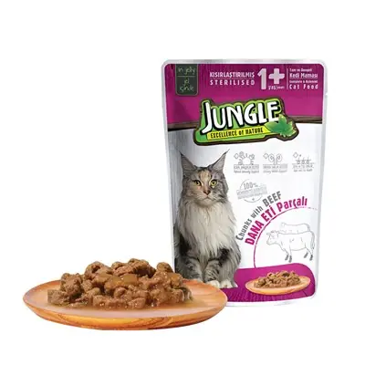 JUNGLE POUCH KISIRLAŞTIRILMIŞ PARÇA DANA ETLİ YAŞ KEDİ MAMASI 100 GR
