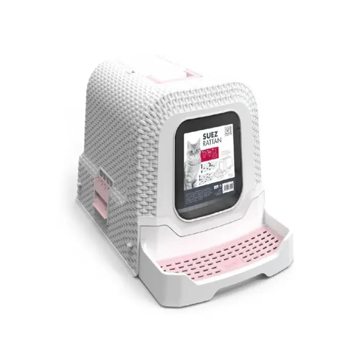 M-PETS SUEZ RATTAN KAPALI KEDİ TUVALETİ PEMBE-BEYAZ 69X42X41CM