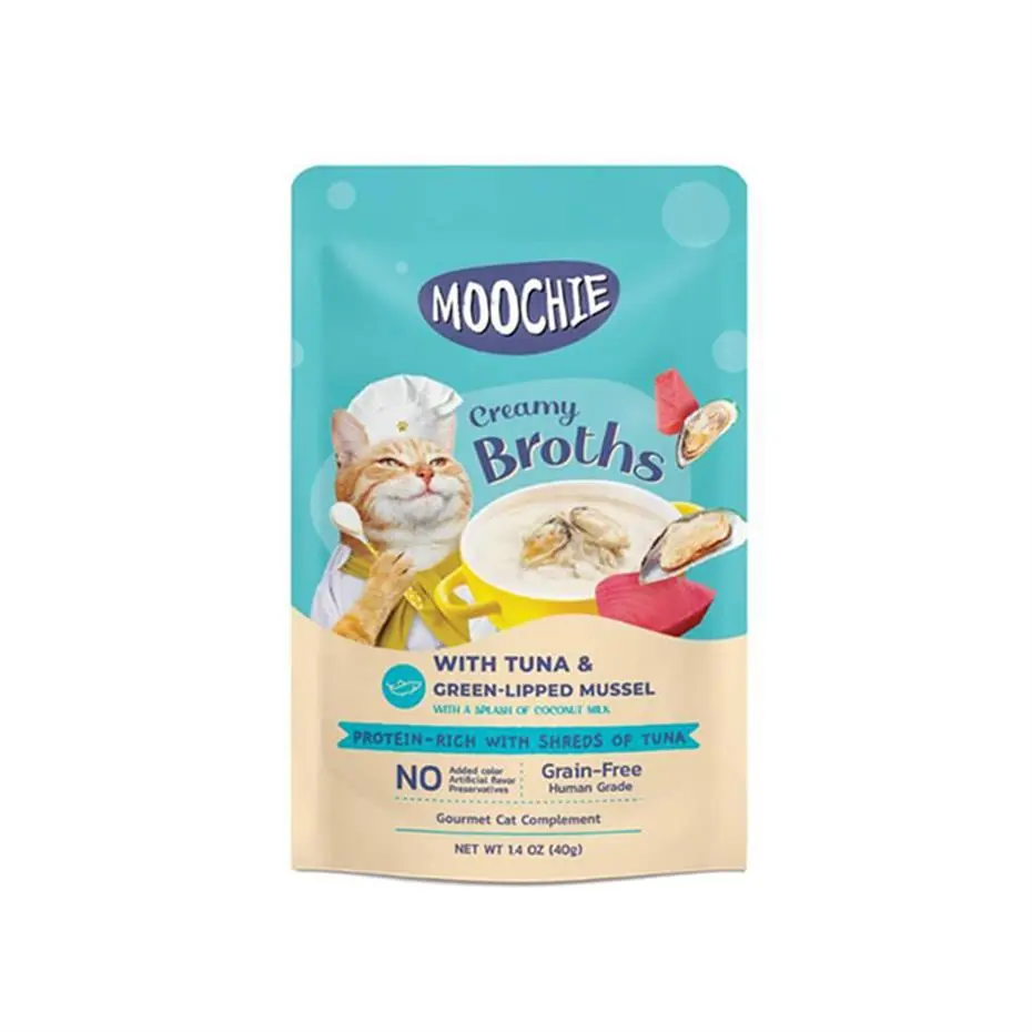 MOOCHİE PARÇA TON BALIKLI VE YEŞİL DUDAKLI MİDYELİ TAHILSIZ KEDİ ÇORBASI 40GR