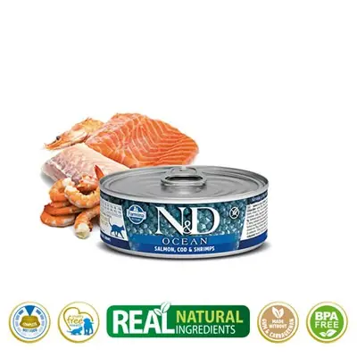 N&D OCEAN SOMON MORİNA BALIĞI KARİDES TAHILSIZ KEDİ KONSERVESİ 80G