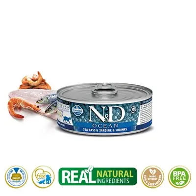 N&D OCEAN TON BALIK SARDALYA KARİDES TAHILSIZ KEDİ KONSERVESİ 80G