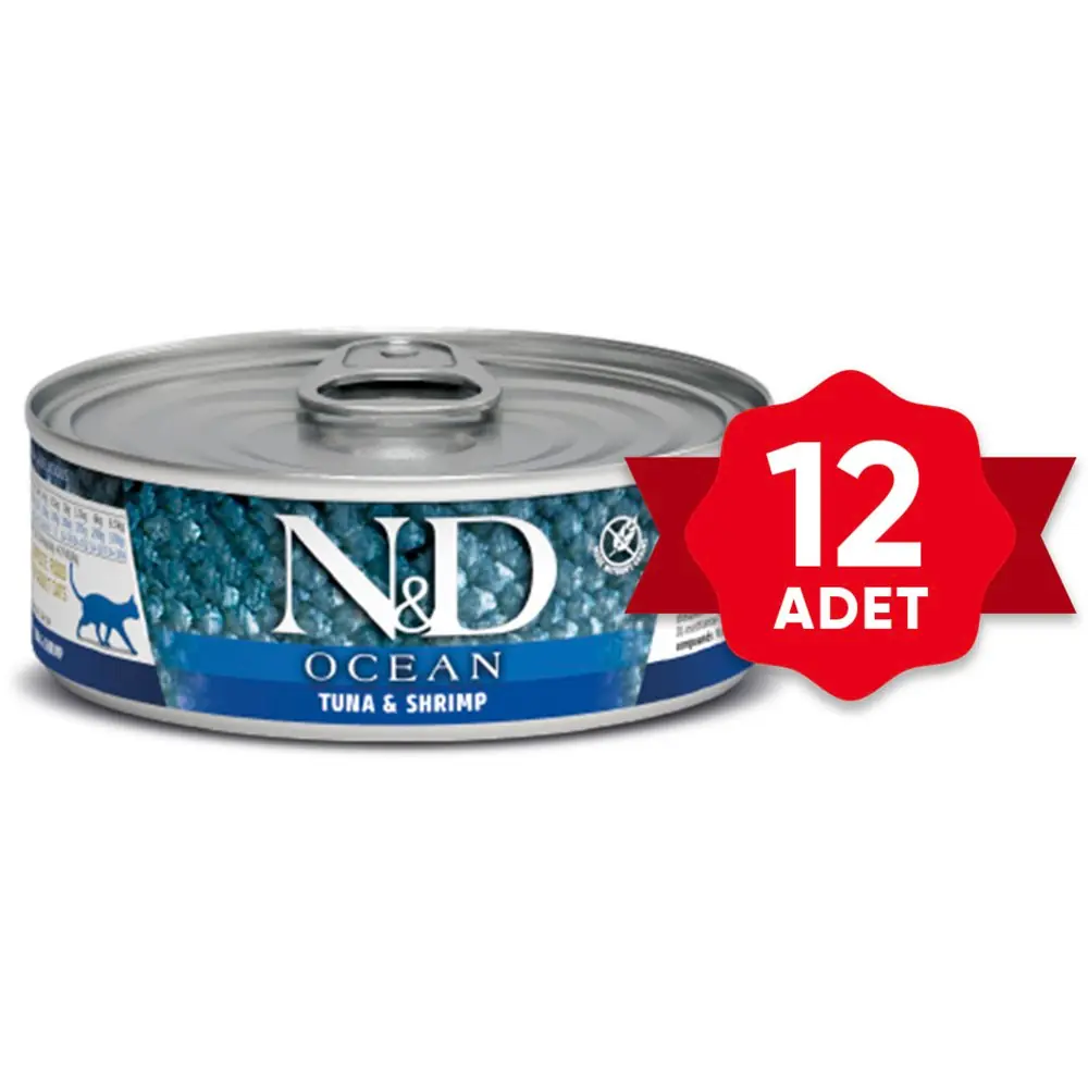 N&D OCEAN TON BALIKLI VE KARİDESLİ TAHILSIZ YETİŞKİN KEDİ KONSERVESİ 12X80GR