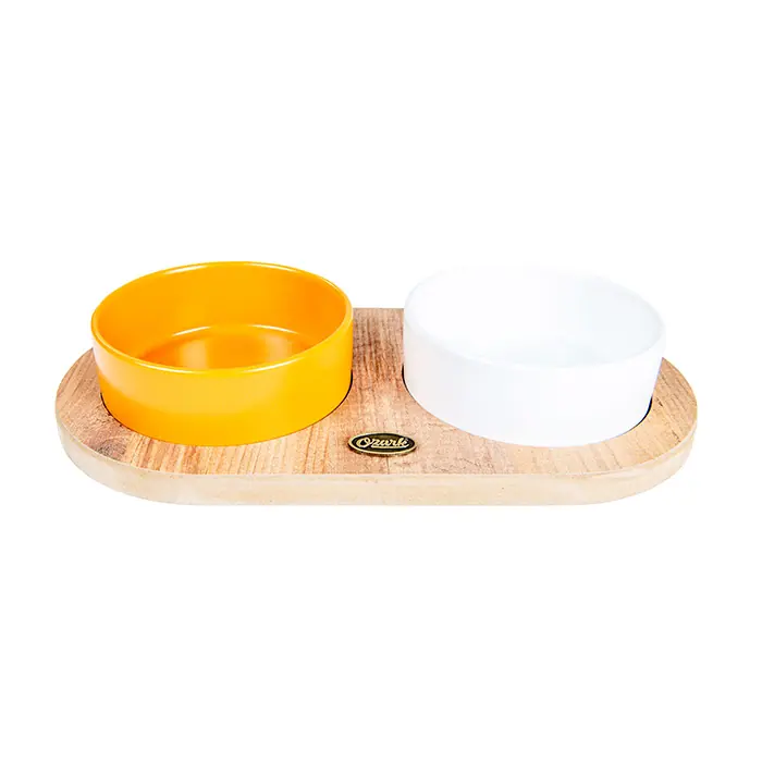 OZARK AHŞAP OVAL TABANLI SERAMİK KEDİ-KÖPEK MAMA VE SU KABI 2'Lİ HARDAL BEYAZ 19,5X37,2 CM