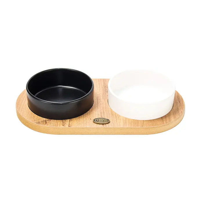 OZARK AHŞAP OVAL TABANLI SERAMİK KEDİ-KÖPEK MAMA VE SU KABI 2'Lİ SİYAH BEYAZ 19,5X37,2 CM