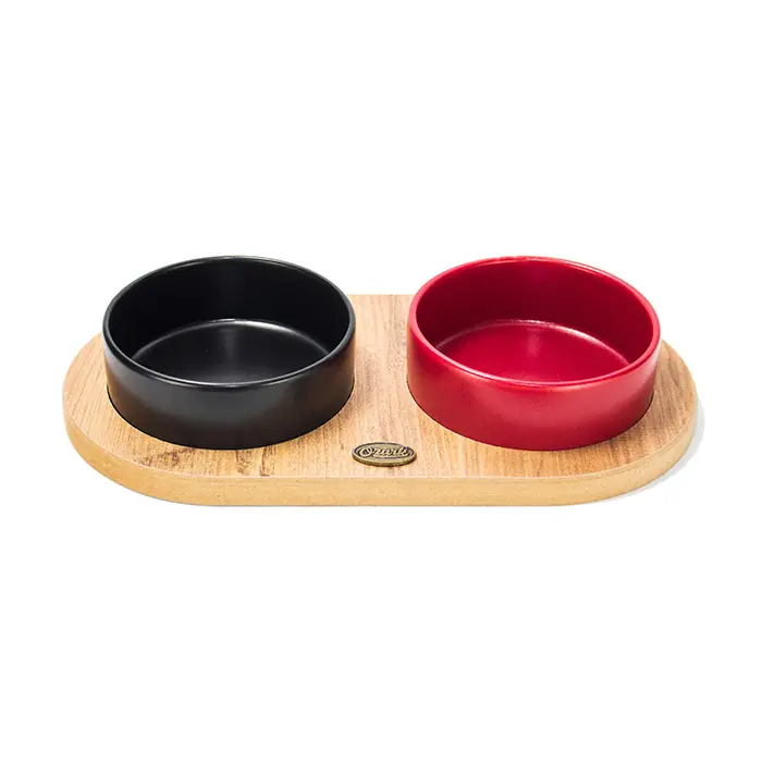 OZARK AHŞAP OVAL TABANLI SERAMİK KEDİ-KÖPEK MAMA VE SU KABI 2'Lİ SİYAH KIRMIZI 19,5X37,2 CM
