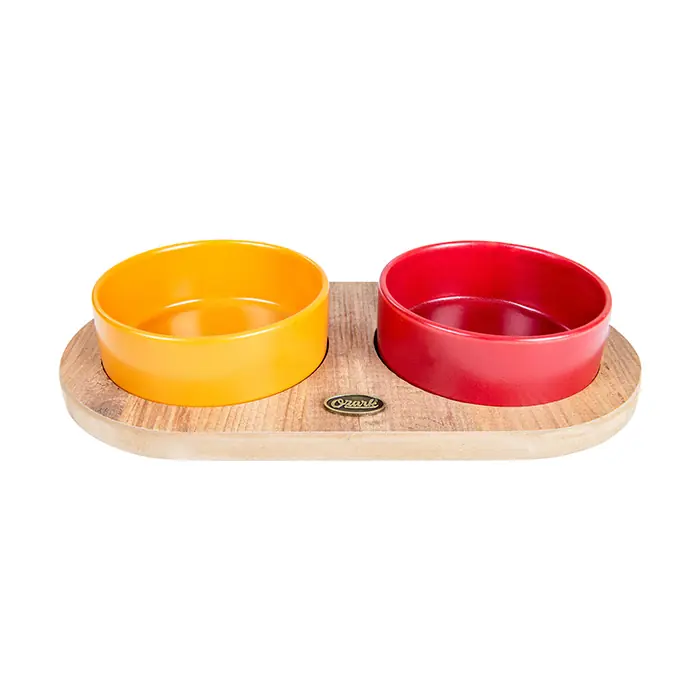 OZARK AHŞAP OVAL TABANLI SERAMİK KEDİ-KÖPEK MAMA VE SU KABI 2'LİI HARDAL KIRMIZI VE 19,5X37,2 CM