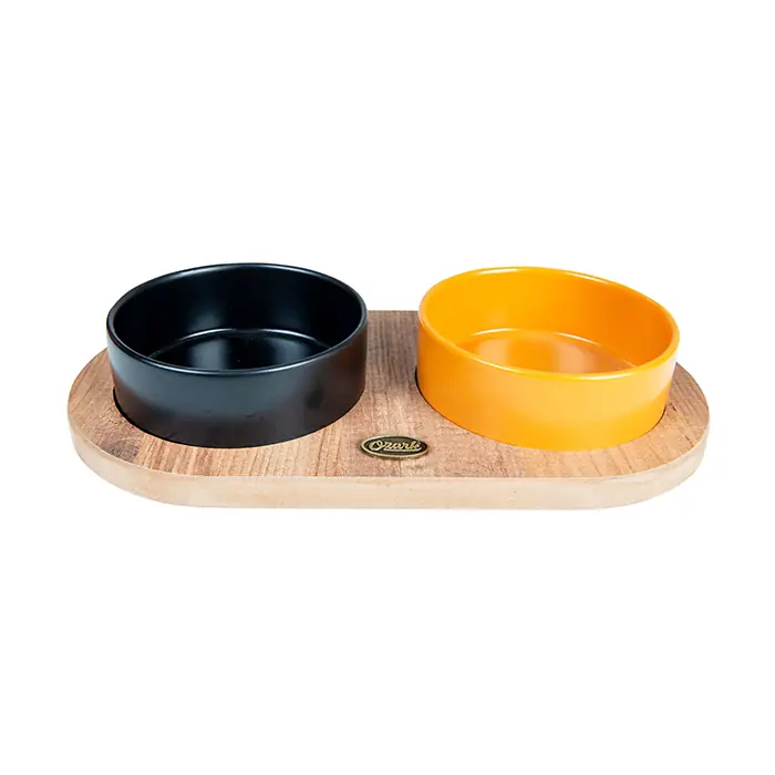 OZARK AHŞAP OVAL TABANLI SERAMİK KEDİ-KÖPEK MAMA VE SU KABI 2'LİI SİYAH HARDAL VE 19,5X37,2 CM