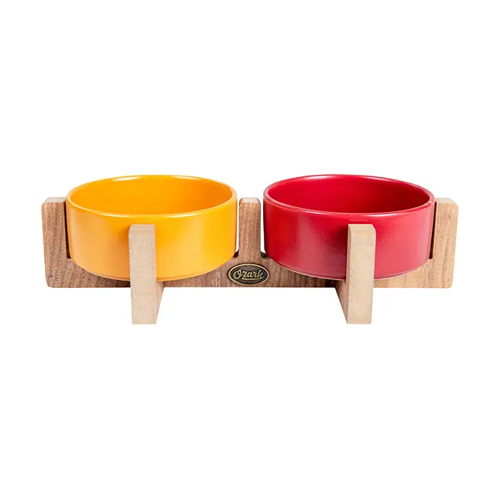 OZARK AHŞAP TABANLI SERAMİK KEDİ-KÖPEK MAMA VE SU KABI 2'Lİ HARDAL KIRMIZI 19,5X37,2 CM