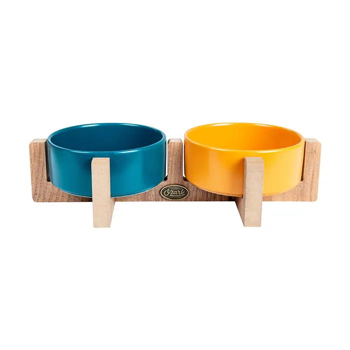 OZARK AHŞAP TABANLI SERAMİK KEDİ-KÖPEK MAMA VE SU KABI 2'Lİ HARDAL PETROL MAVİSİ 19,5X37,2 CM