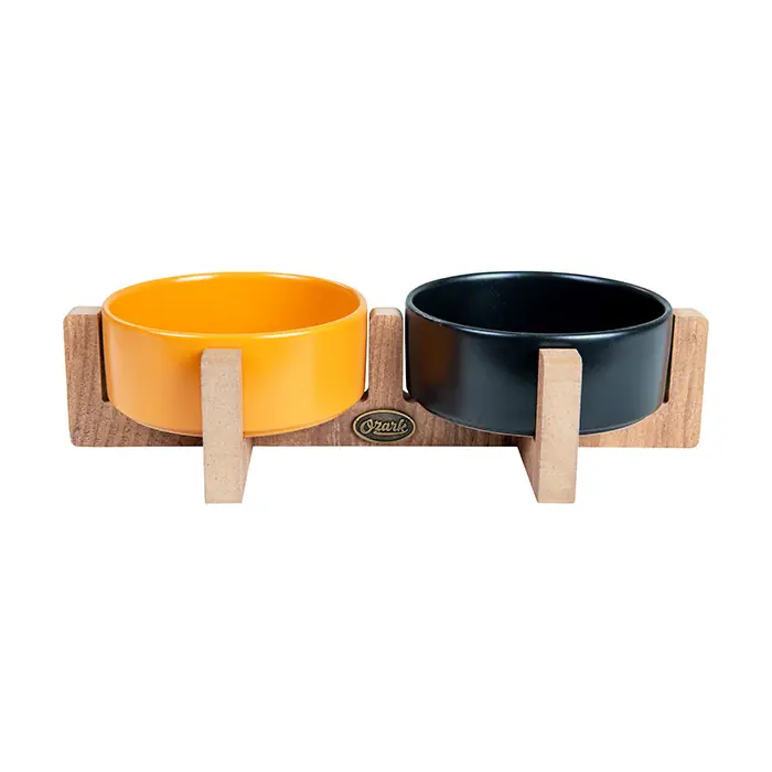 OZARK AHŞAP TABANLI SERAMİK KEDİ-KÖPEK MAMA VE SU KABI 2'Lİ HARDAL SİYAH 19,5X37,2 CM
