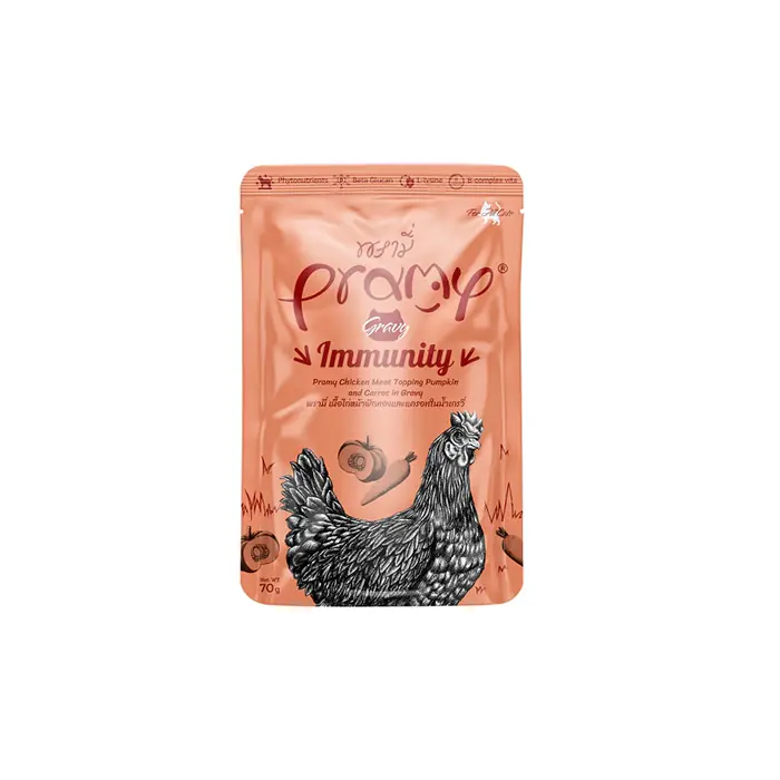 PRAMY IMMUNİTY SOS İÇİNDE TAVUK ETLİ BAL KABAKLI VE HAVUÇLU KEDİ KONSERVESİ 70GR