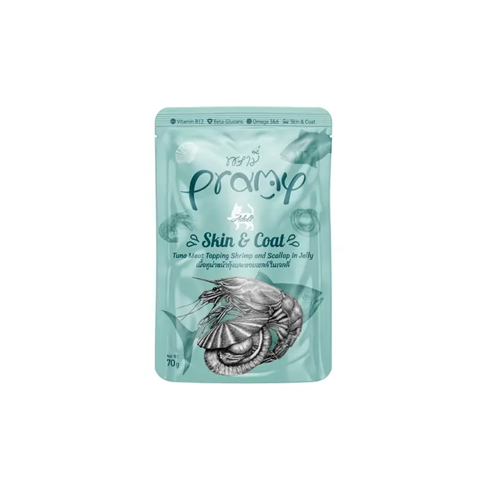 PRAMY SKİN COAT JÖLE İÇİNDE KARİDESLİ DENİZ TARAKLI VE TON BALIKLI KEDİ KONSERVESİ 70GR