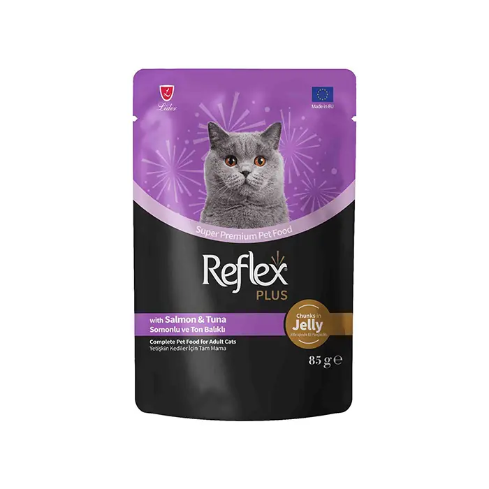 REFLEX PLUS JOLE İÇİNDE ET PARÇACIKLI SOMONLU VE TON BALIKLI YETİŞKİN KEDİ YAŞ MAMASI 85GR