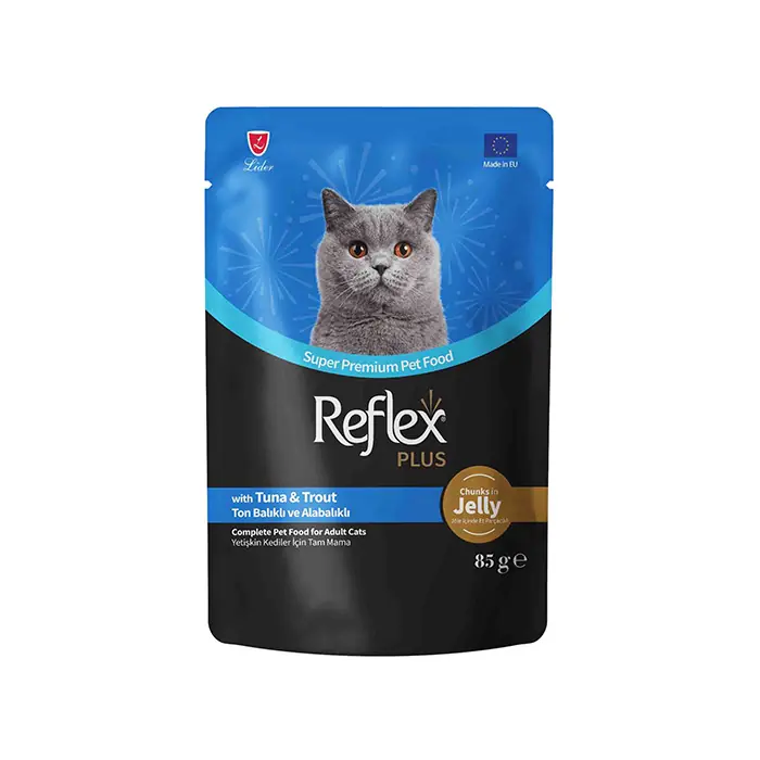 REFLEX PLUS JOLE İÇİNDE ET PARÇACIKLI TON BALIKLI VE ALABALIKLI YETİŞKİN KEDİ YAŞ MAMASI 85GR