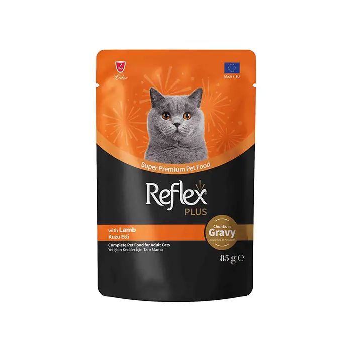 REFLEX PLUS SOS İÇİNDE ET PARÇACIKLI KUZU ETLİ YETİŞKİN KEDİ YAŞ MAMASI 85GR
