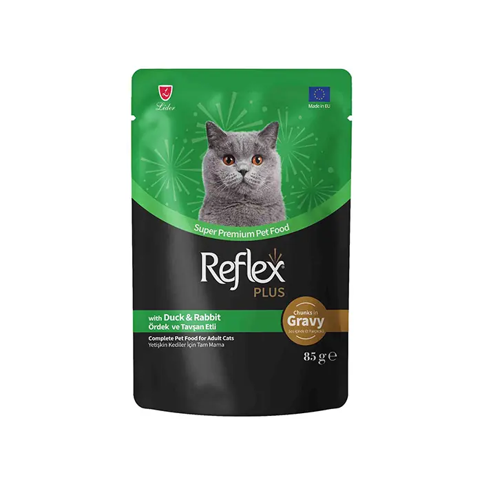 REFLEX PLUS SOS İÇİNDE ET PARÇACIKLI ÖRDEK VE TAVŞAN ETLİ YETİŞKİN KEDİ YAŞ MAMASI 85GR