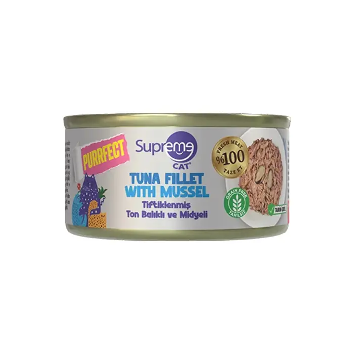 SUPREME CAT TİFTİKLENMİŞ TON BALIKLI VE MİDYELİ YETİŞKİN KEDİ KONSERVESİI 70GR