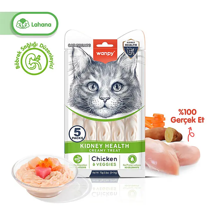 WANPY KİDNEY HEALTH TAVUKLU VE SEBZELİ KREMA KEDİ ÖDÜLÜ 5X14 GR