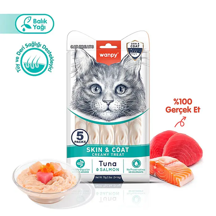 WANPY SKİN & COAT TON BALIĞI VE SOMONLU KEDİ KREMAİ ÖDÜLÜ 5X14 GR