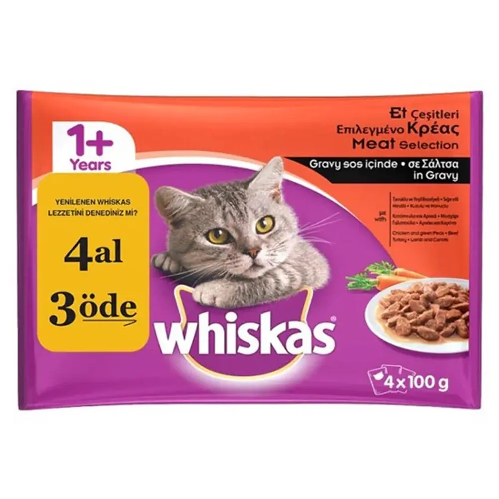 WHİSKAS POUCH ET ÇEŞİTLİ YETİŞKİN KEDİ KONSERVESİ 100GR 4 AL 3 ÖDE