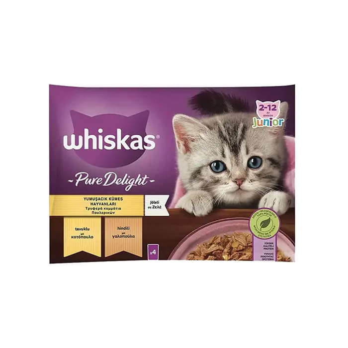 WHİSKAS POUCH PURE DELİGHT JÖLE İÇİNDE TAVUKLU VE HİNDİLİ YAVRU KEDİ KONSERVESİ 85GR (4'LÜ)