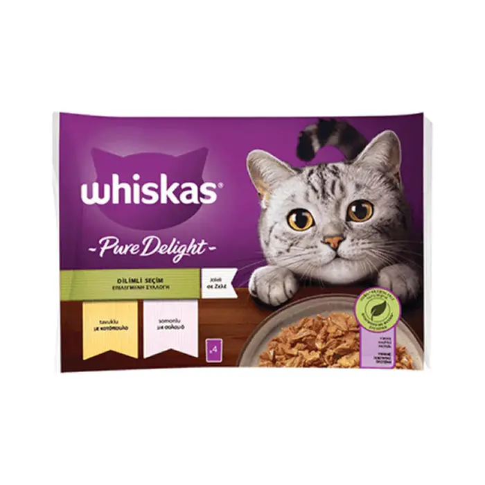 WHİSKAS POUCH PURE DELİGHT JÖLE İÇİNDE TAVUKLU VE SOMONLU YETİŞKİN KEDİ KONSERVESİ 85GR (4'LÜ)