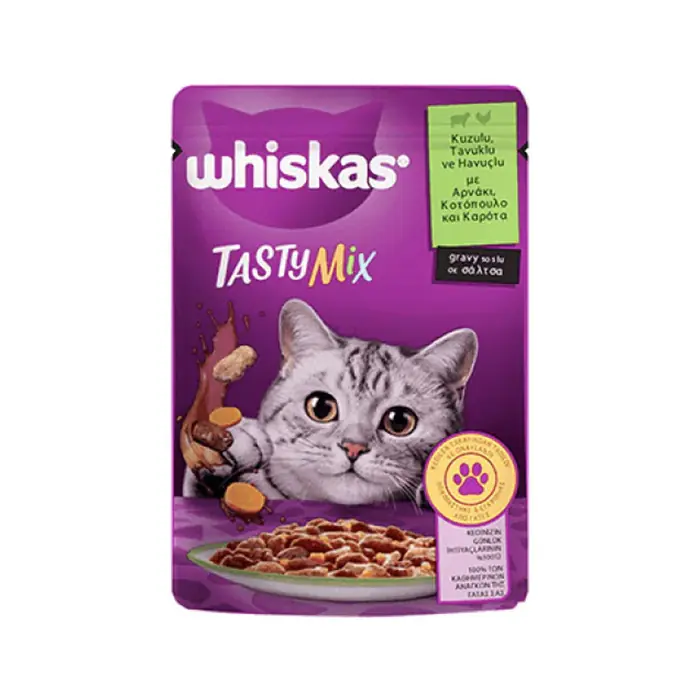 WHİSKAS POUCH TASTYMİX SOS İÇİNDE KUZULU TAVUKLU VE HAVUÇLU YETİŞKİN KEDİ KONSERVESİ 85GR