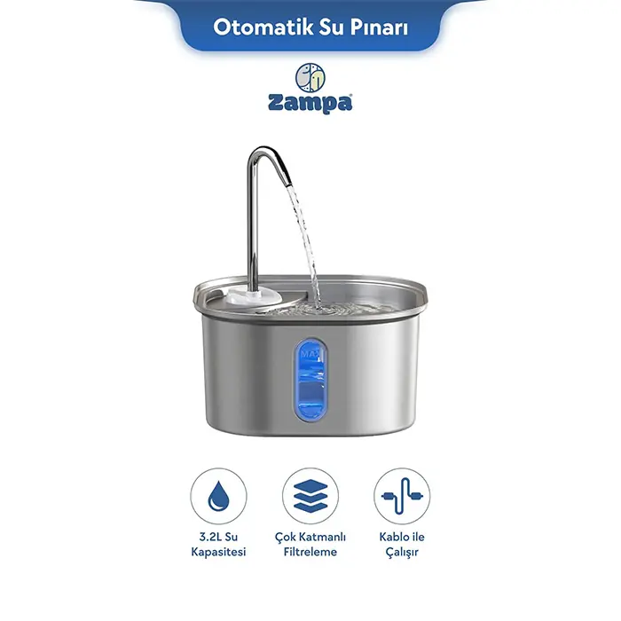 ZAMPA KARE PASLANMAZ ÇELİK OTOMATİK SU PINARI 2.8 LİTRE
