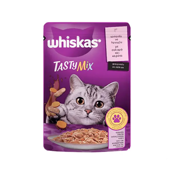 WHİSKAS POUCH TASTYMİX SOS İÇİNDE SOMONLU VE HAVUÇLU YETİŞKİN KEDİ KONSERVESİ 85GR