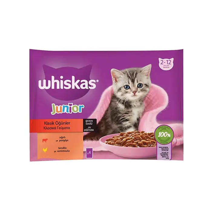WHİSKAS POUCH SOS İÇİNDE SIĞIRLI VE TAVUKLU YAVRU KEDİ KONSERVESİ 85GR (4'LÜ)