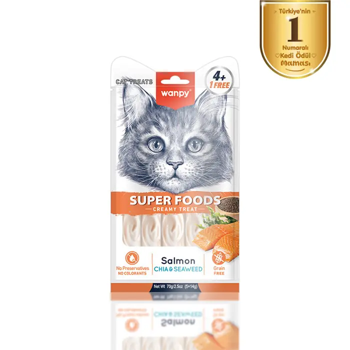 WANPY SUPERFOOD SOMONLU CHİA VE DENİZ YOSUNLU KREMA KEDİ ÖDÜLÜ 5X14GR